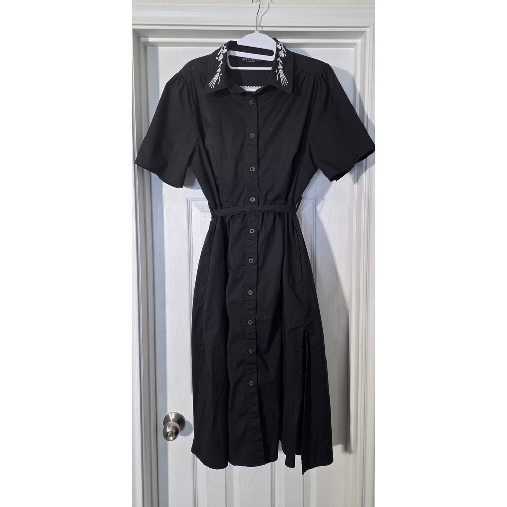 Disturbia Black Skeleton Hand Embroidered Collar Button Down Midi Dress US 10